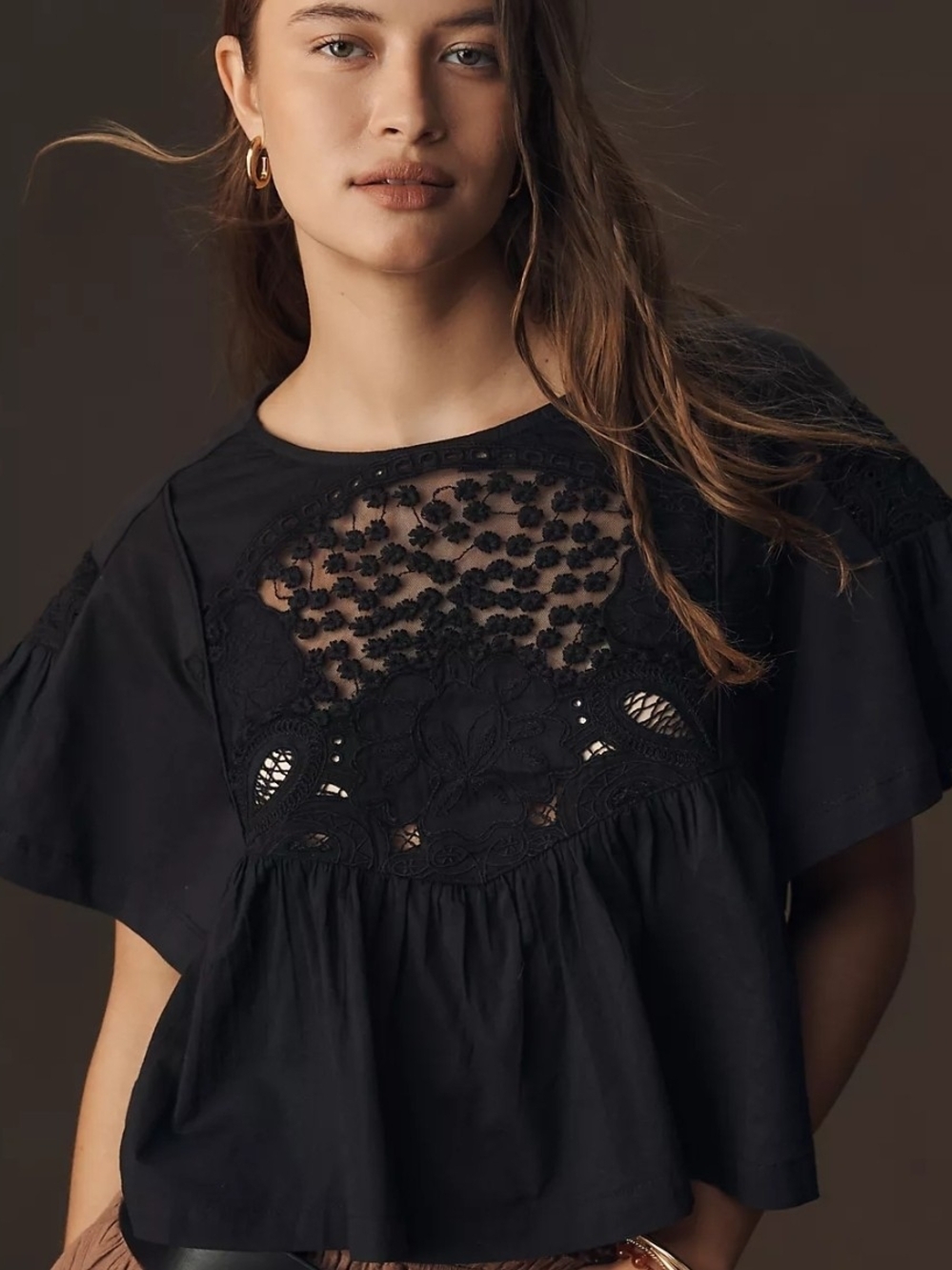 NWT Maeve Short-Sleeve Black Onyx Embellished Swing Top Anthropologie Sz M